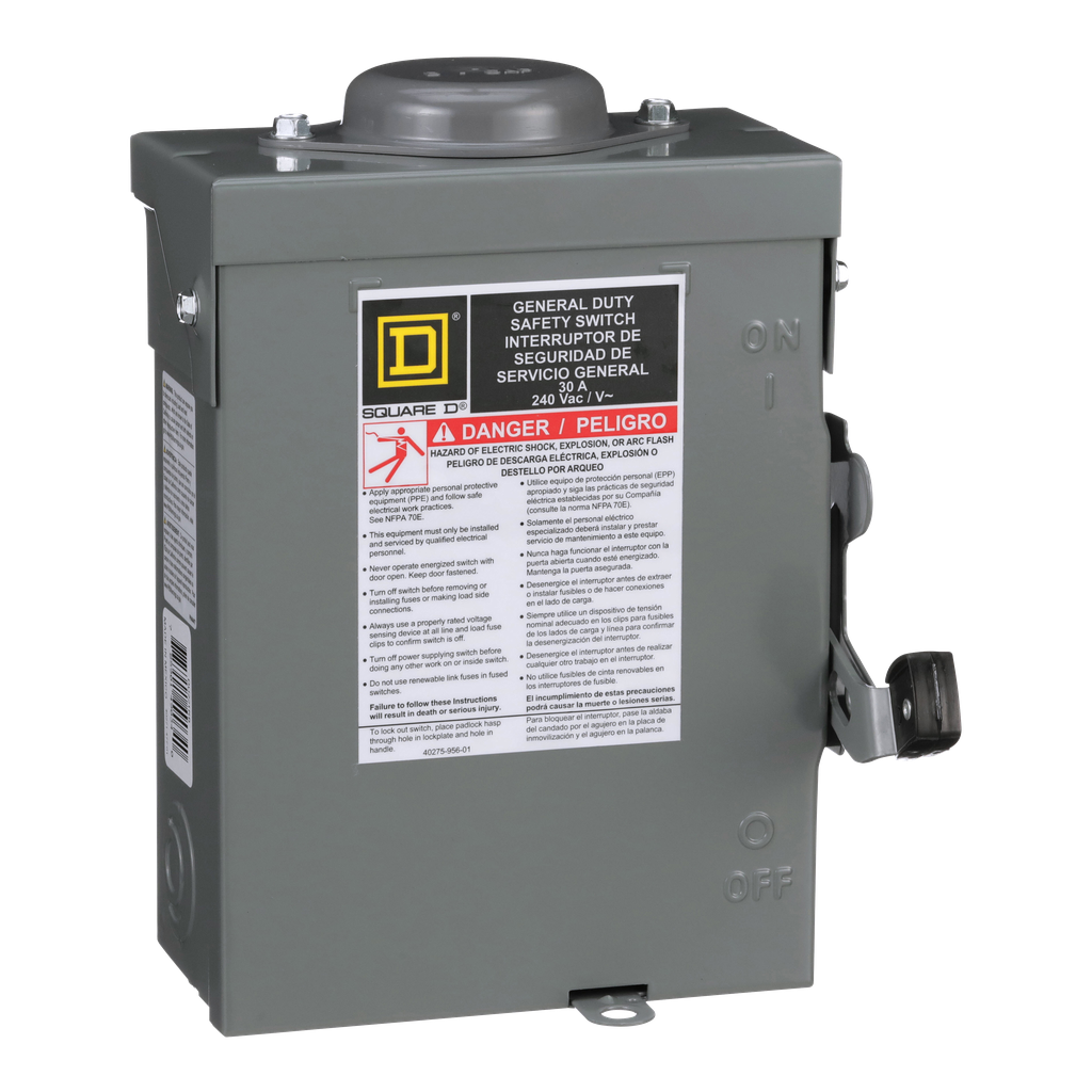 DU221RBUP – Safety switch, general duty, non fusible, 30A, 2 pole, 3hp, 240VAC, NEMA 3R, bolt on provision