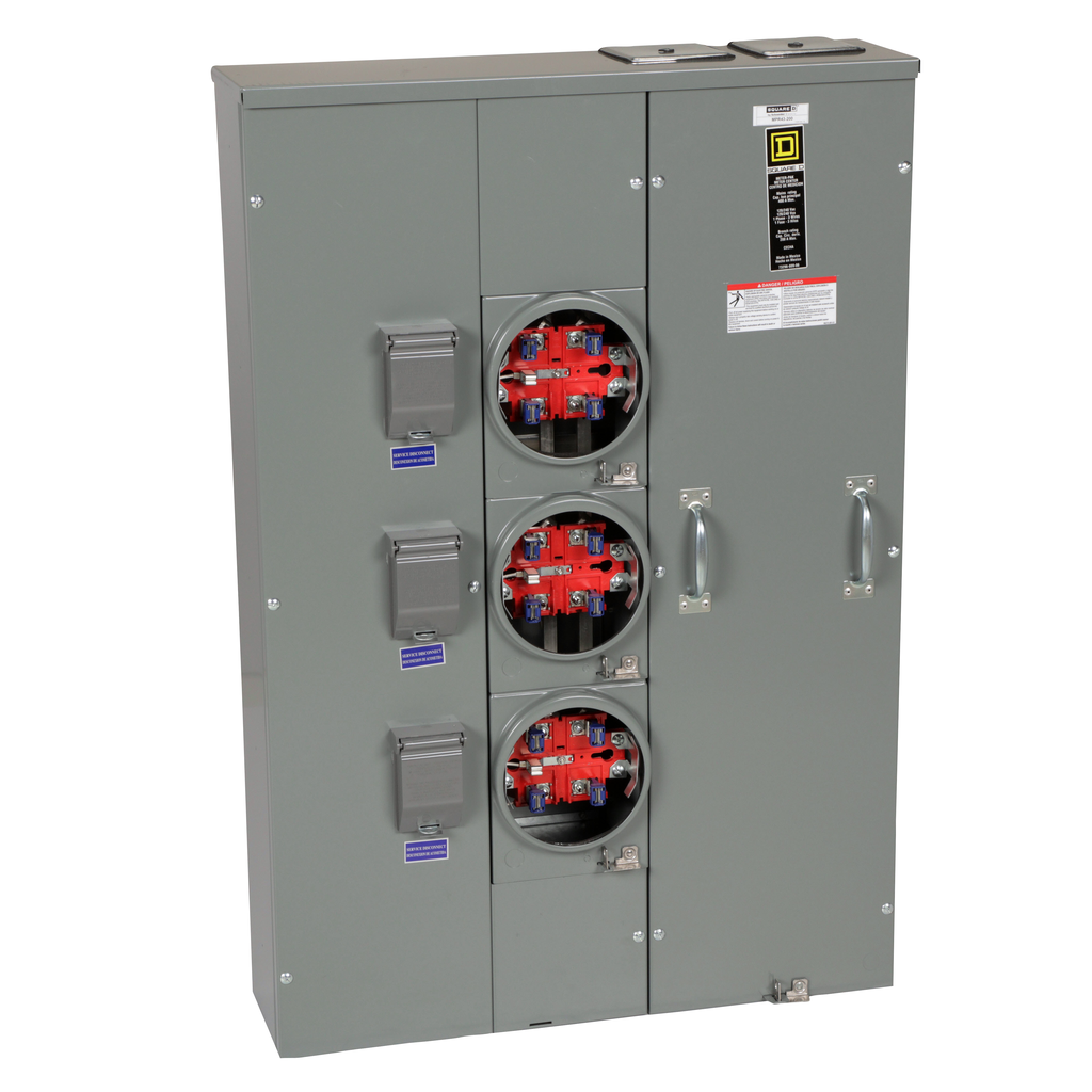 MPR43200 – Meter center, MP Meter-Pak, 3 sockets, no bypass, 5 jaws, 400A bus, 200A max breaker rating, ringless