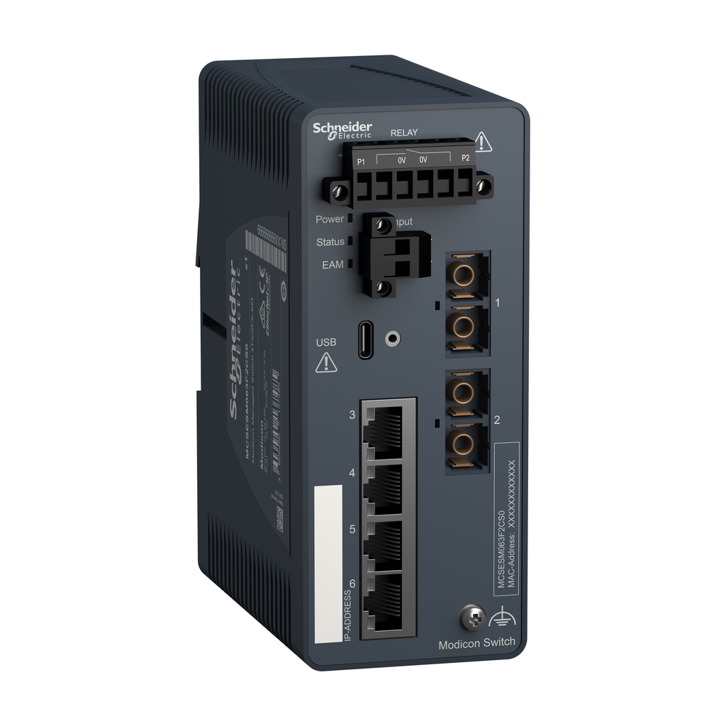 MCSESM063F2CS0 – network switch, Modicon Networking, managed, 4 ports for copper with 2 port for fiber optic, singlemode