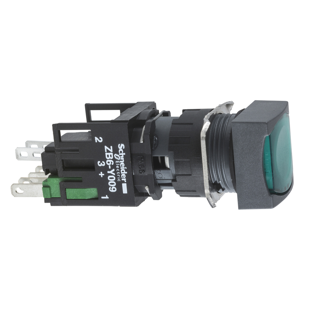 XB6CF3B5B – Complete illuminated push button, Harmony XB6, green square flush, 16mm, latching, 1NO   1NC,  12…24V