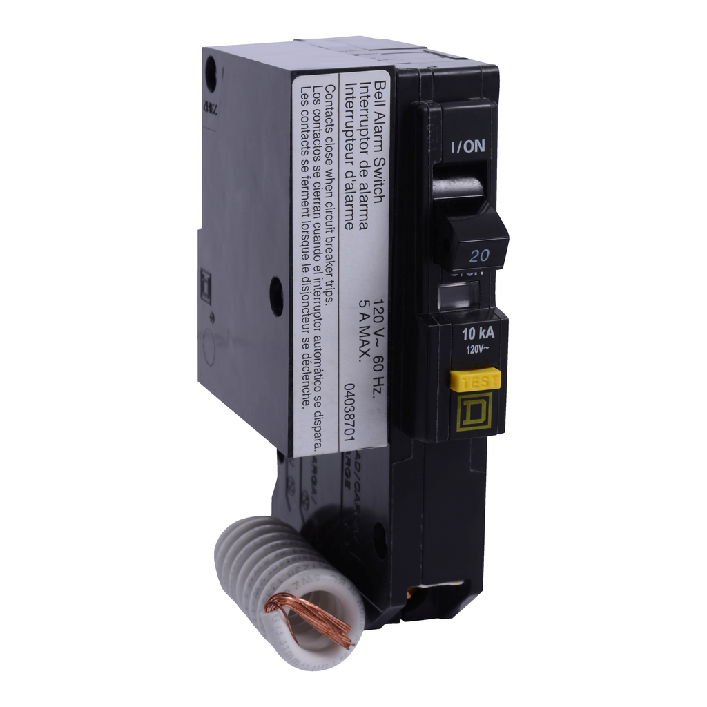 QO130GFI2100 – Mini circuit breaker, QO, 30A, 1 pole, 120VAC, 10kA, plug in, 6mA grd fault A, pigtail, alarm switch