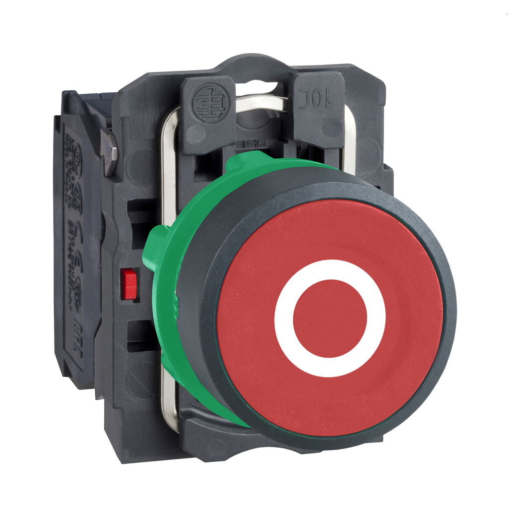 XB5AA4322 – Push button, Harmony XB5, plastic, flush, red, 22mm, spring return, marked O, 1NC