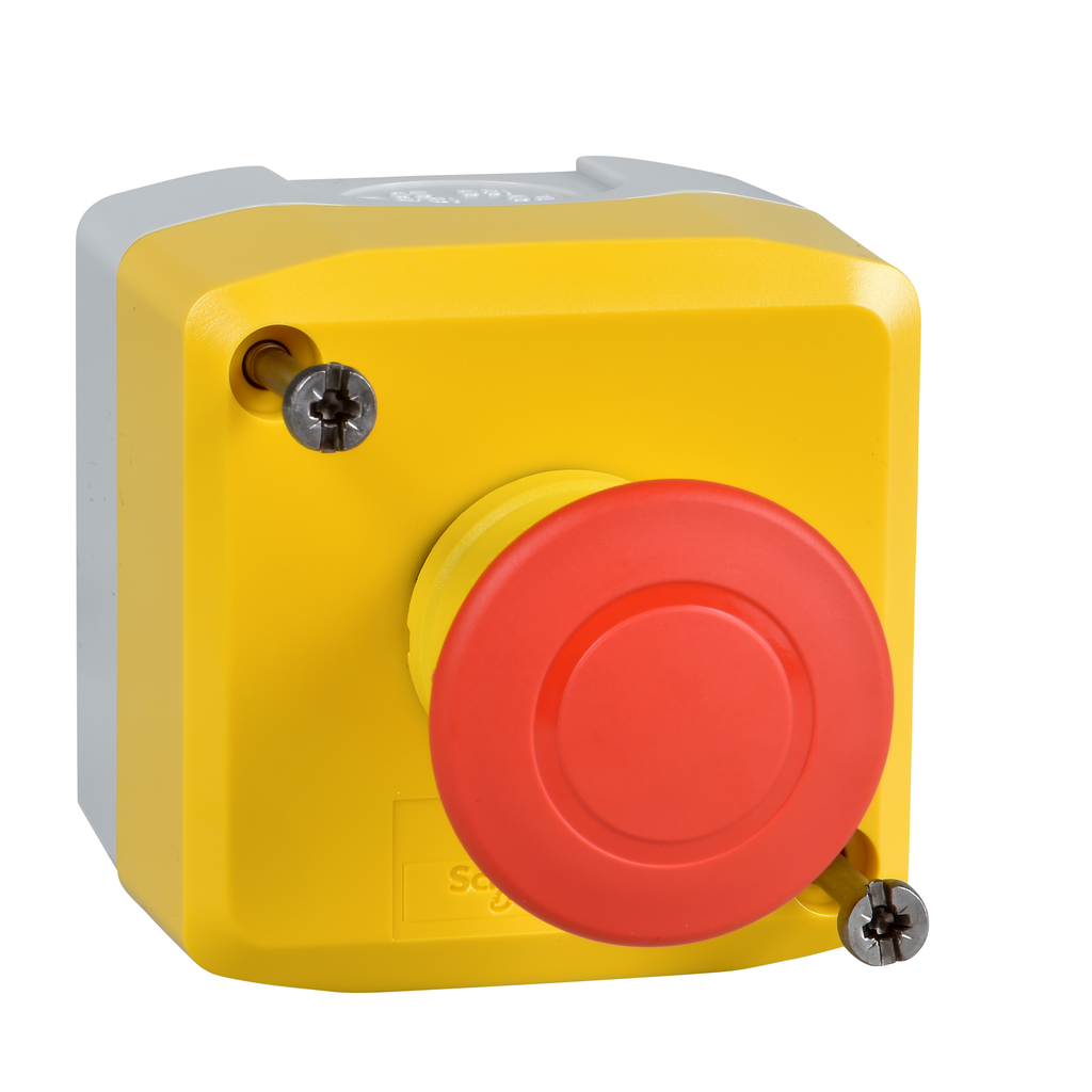 XALK198 – Control station, Harmony XALD, XALK, plastic, yellow, 1 red mushroom head push button 40mm, emergency stop push pull 1 NC, unmarked