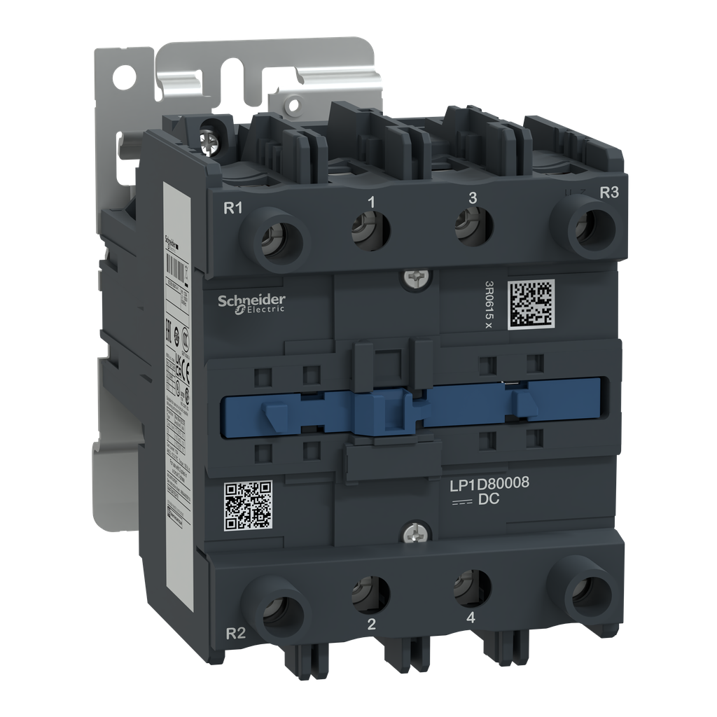 LP1D80008BD – IEC contactor, TeSys Deca, nonreversing, 125A resistive, 4 pole, 2 NO and 2 NC, 24VDC coil, open style