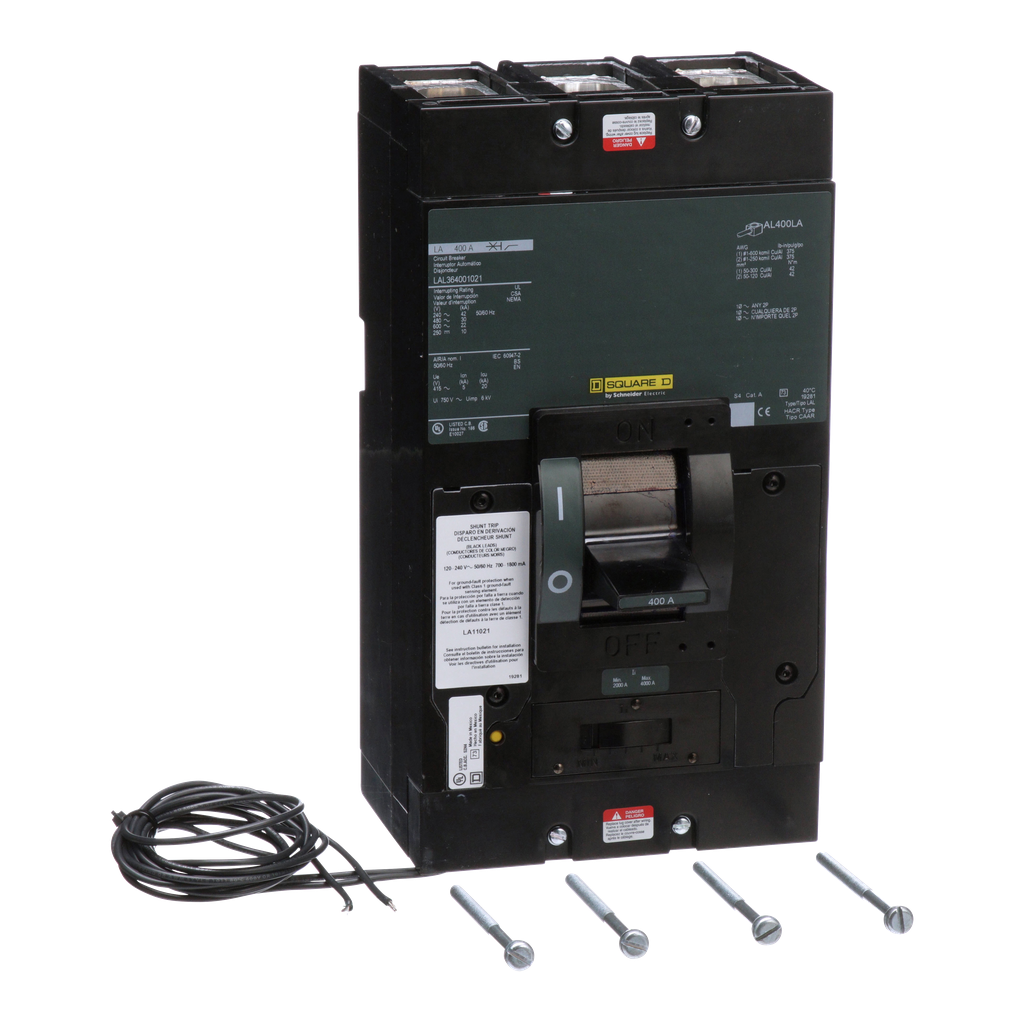 LAL364001021 – Circuit breaker, LA, 400A, 3 pole, 600VAC, 22kA, 250VDC, 10kA, lugs, thermal magnetic, shunt trip