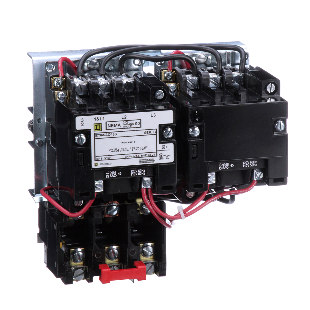8736SAO16V02S – NEMA starter, Type S, reversing, horizontal, Size 00, 9A, 2HP at 575VAC, 5kA SCCR, 3 phase, 3 pole, melting alloy overload, 120VAC coil, open