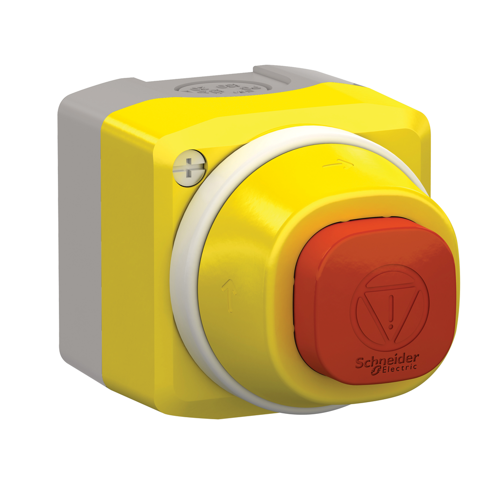 XALK84W3BG – Complete control station, Harmony XALD, XALK, plastic, yellow lid, 1 illuminated emergency stop, white red fixed, turn to release, 1NO 2NC, 24V AC DC