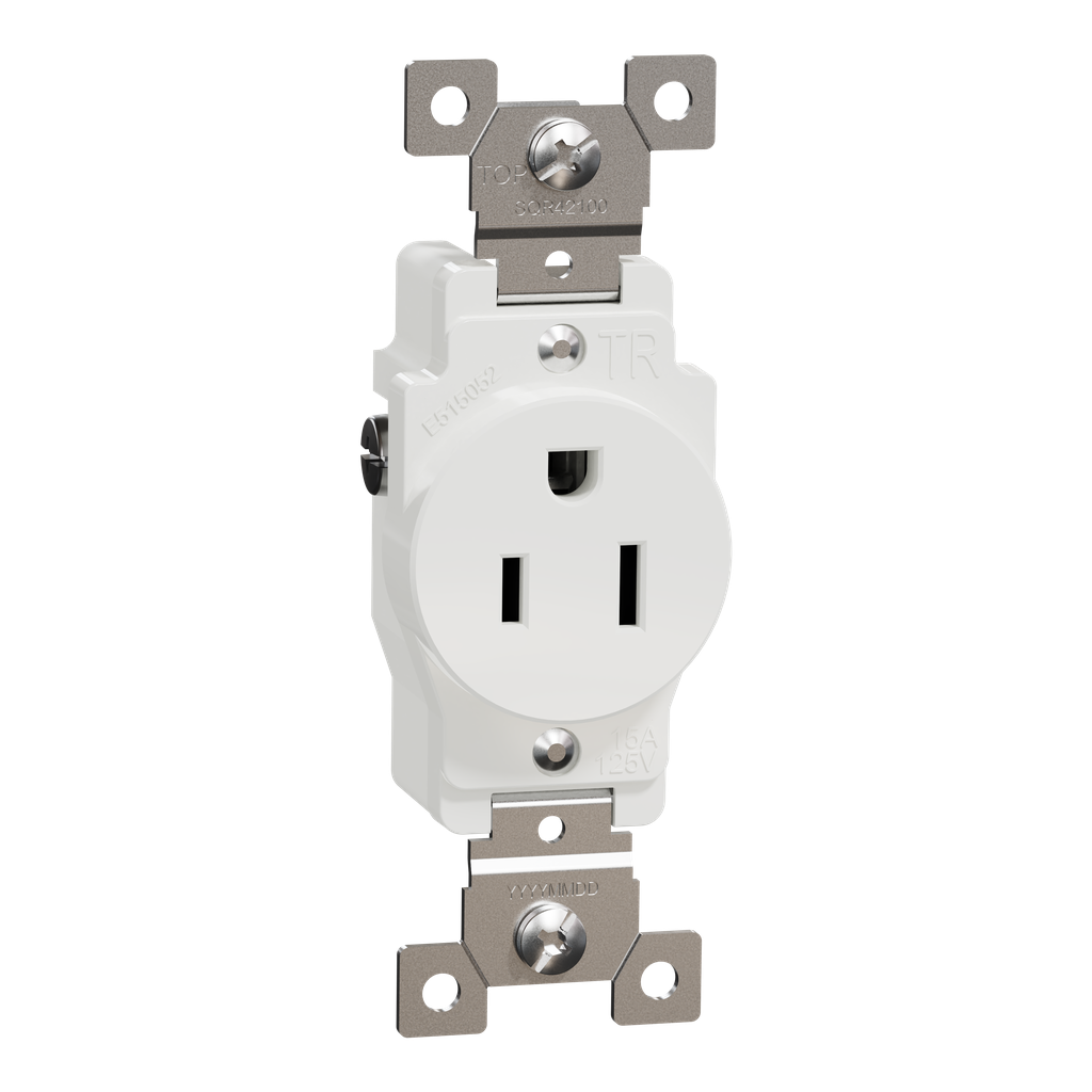 SQR42100WH – Socket-outlet, X Series, 15A, standard, single, tamper resistant, commercial, white, matte finish