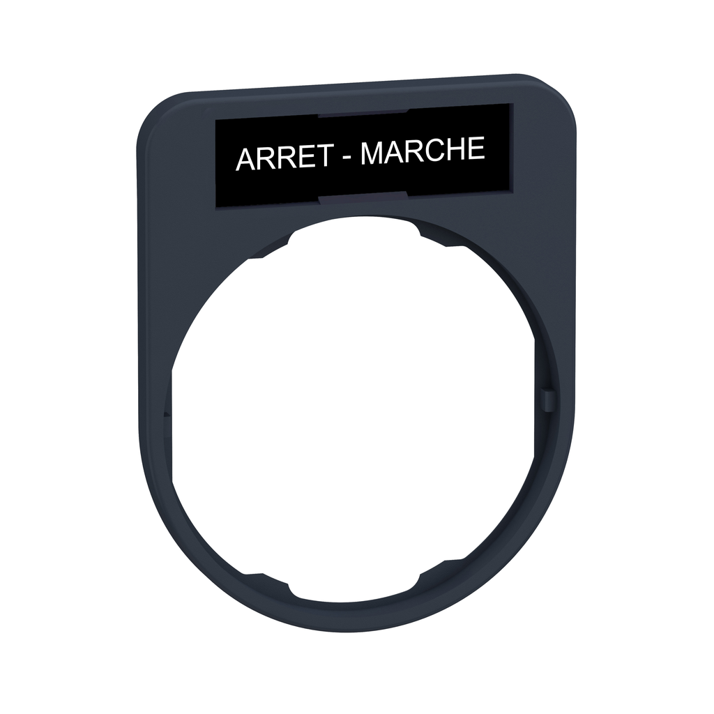 ZBYF2166 – Legend holder, Harmony XB5, 40 x 50mm, for flush mounted heads, plastic, dark grey, white marked ARRET-MARCHE