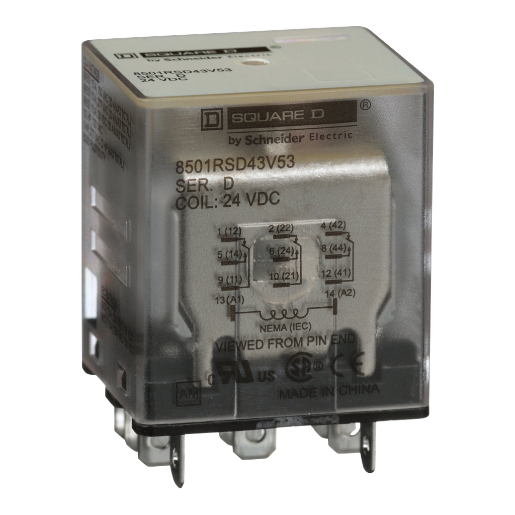 8501RSD43V53 – Plug in relay, Type R, miniature, 1 HP at 277 VAC, 15A resistive at 120 VAC, 11 blade, 3PDT, 3 NO, 3 NC, 24 VDC coil