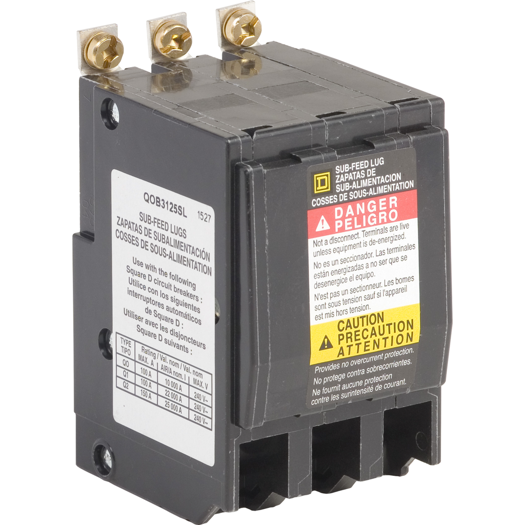 QOB3125SL – Mini circuit breaker accessory, QO, lug kit, 125A, 3 pole, 3 spaces, subfeed, bolt on
