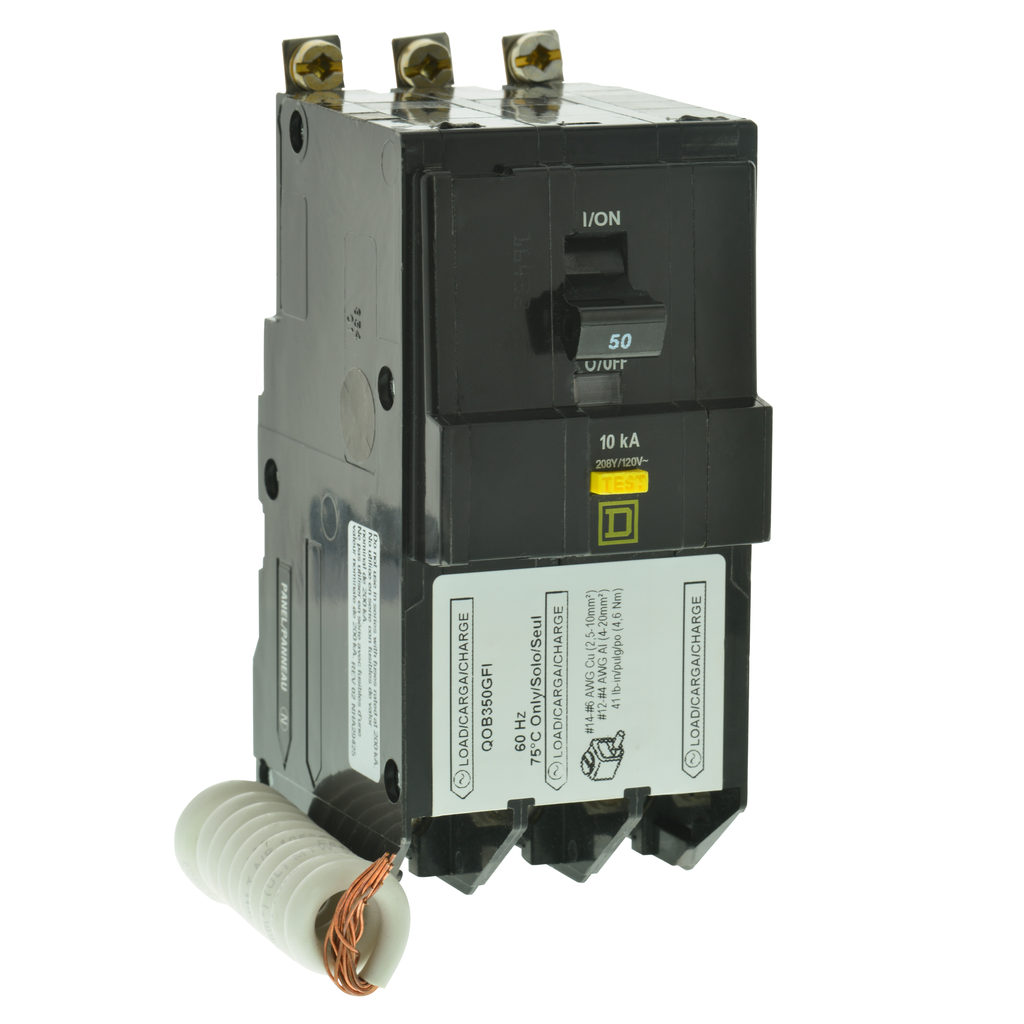 QOB350GFI – Mini circuit breaker, QO, 50A, 3 pole, 208Y/120VAC, 10kA, bolt on, 6mA grd fault A, pigtail