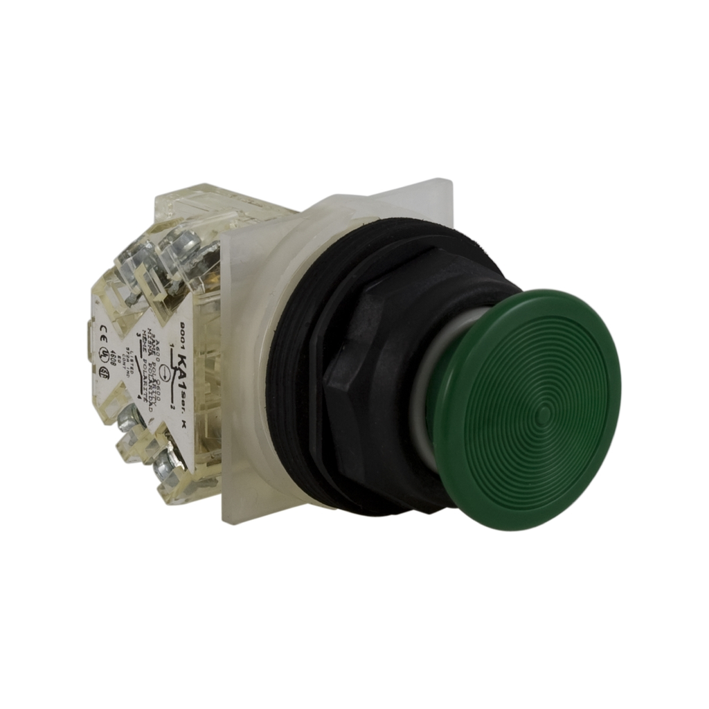 Mayer-DDS-Push-button, Harmony 9001SK, plastic, mushroom 35mm, green, 30mm, spring return, 1 C/O-1