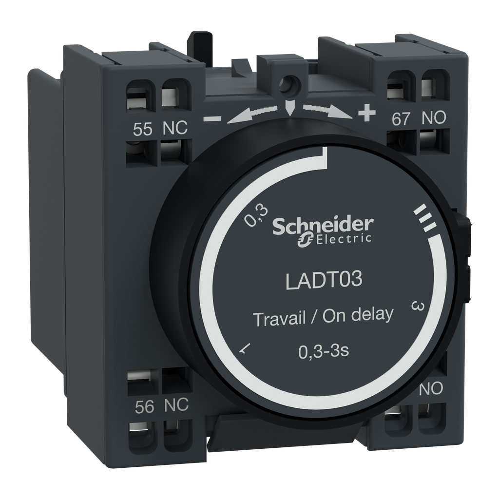 LADT03 – Time delay auxiliary contact block, TeSys Deca, 1NO   1NC, on delay 0.3-3s, front, spring terminals