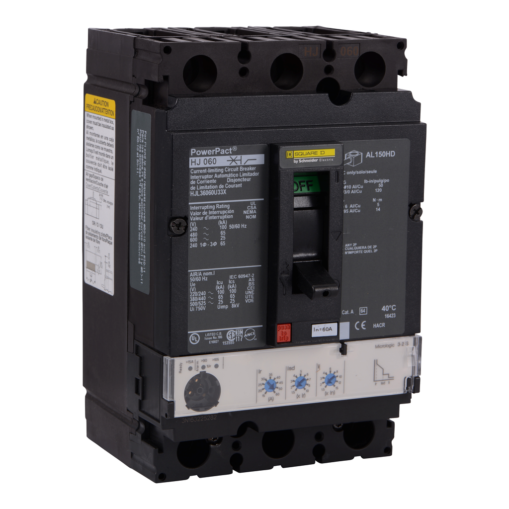 HJL36060U33X – Circuit breaker, PowerPacT H, 60A, 3 pole, 600VAC, 25kA, lugs, Micrologic 3.2S, 80%