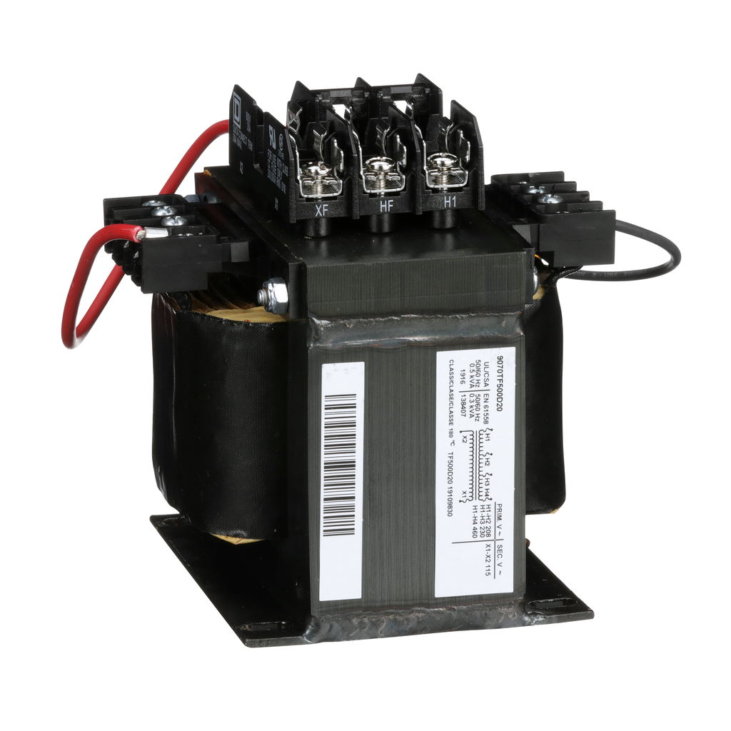 9070TF500D20 – Industrial control transformer, Type TF, 1 phase, 500VA, 208/230/460V primary, 115V secondary, 50/60Hz