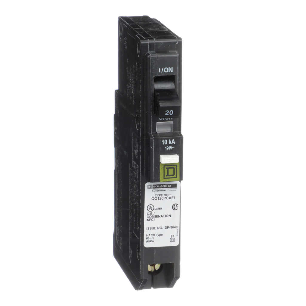 QO120PCAFIC – Mini circuit breaker, QO, 20A, 1 pole, 120VAC, 10kA, plug in, combo ARC fault, plug on neutral, clam