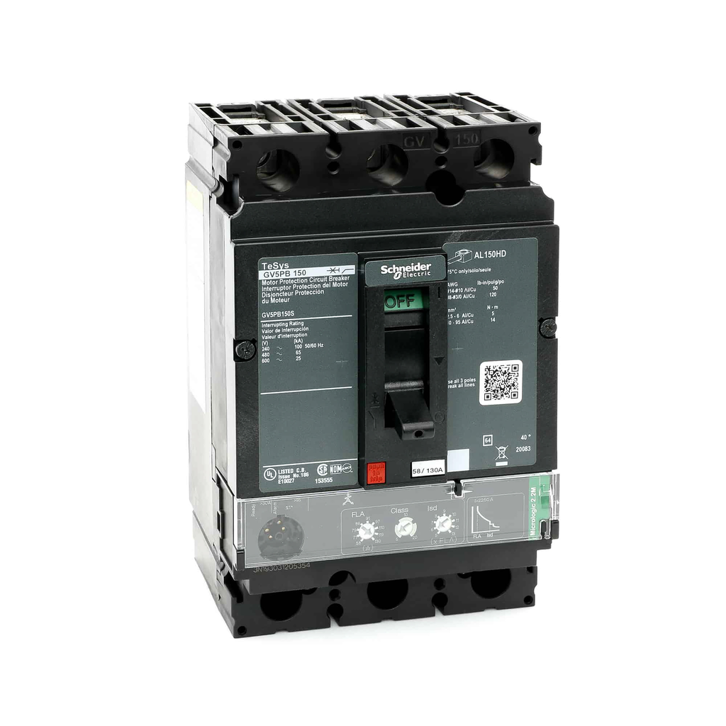GV5PB150S – Motor circuit protector, TeSys GV5, 3 pole, 600VAC, max 150A rated, 25kA, unit mount