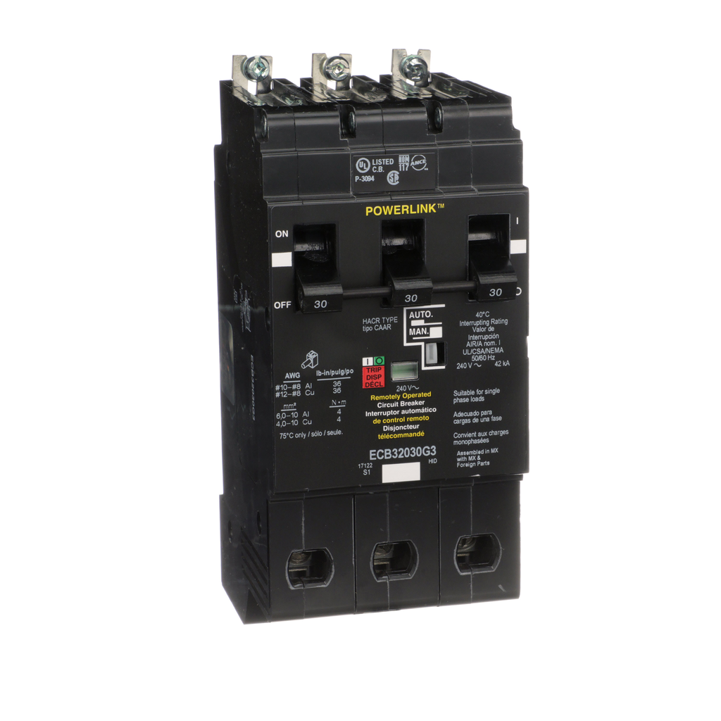 ECB32030G3 – Circuit Breaker, PowerLink™, 30A, 3 pole, 240VAC, 42kA, remotely operated, bolt on mount