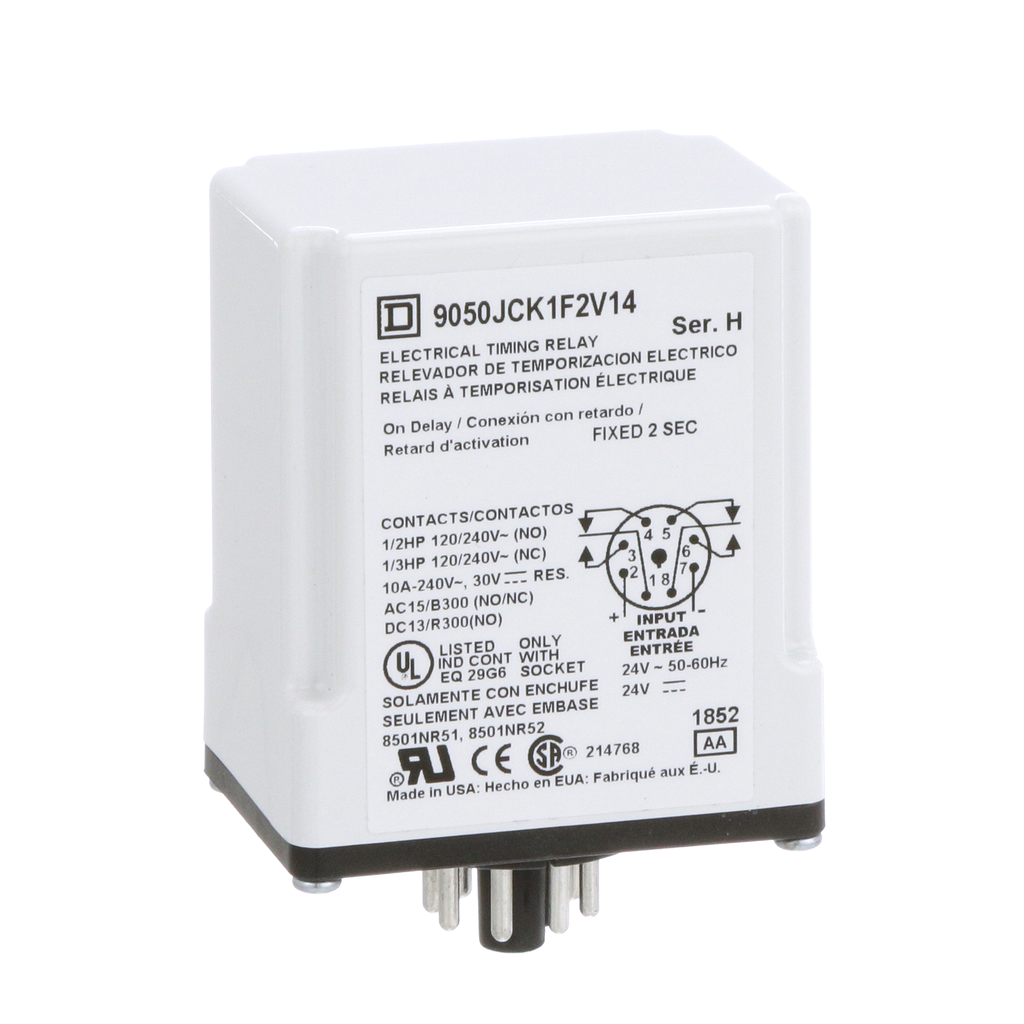 9050JCK1F2V14 – Timing Relay, Type JCK, plug In, on delay, fixed time, 2 seconds, 10A, 240 VAC, 24 VAC/DC