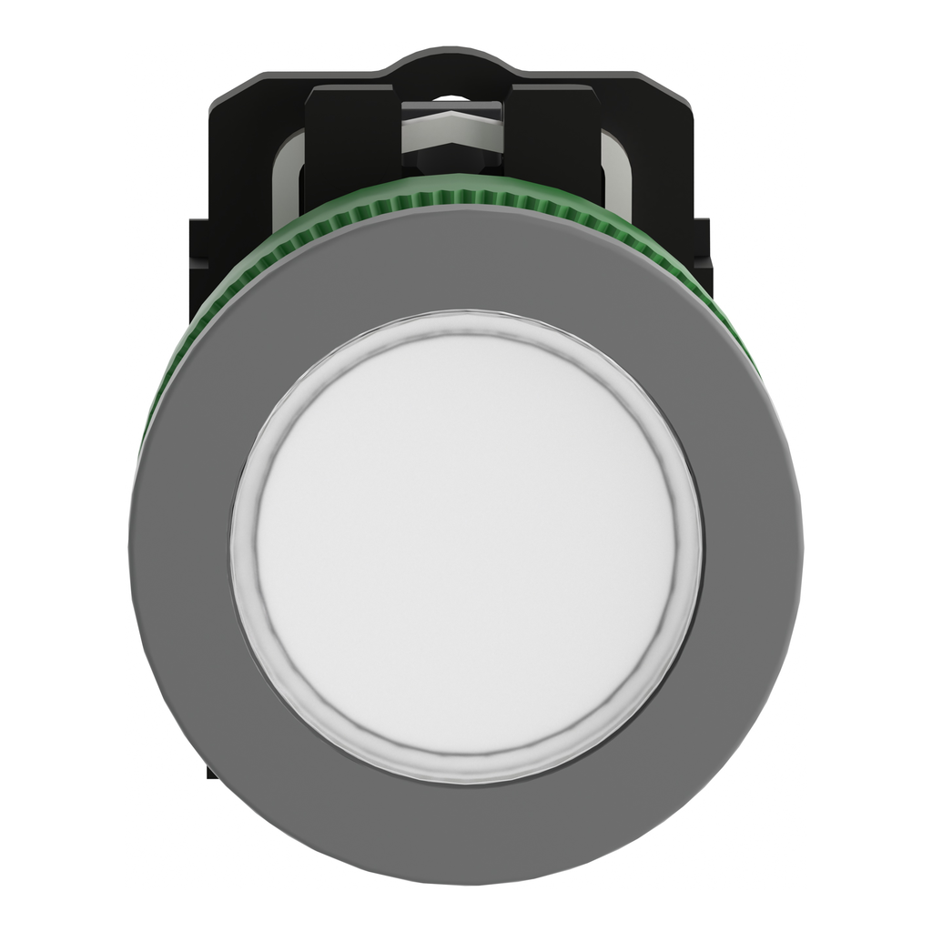 XB5FVG1C0 – Pilot light, Harmony XB5, grey bezel, white, universal LED, plain lens, screw clamp terminals, 110…120V