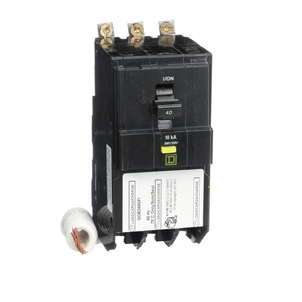 QOB340GFI – Mini circuit breaker, QO, 40A, 3 pole, 208Y/120VAC, 10kA, bolt on, 6mA grd fault A, pigtail