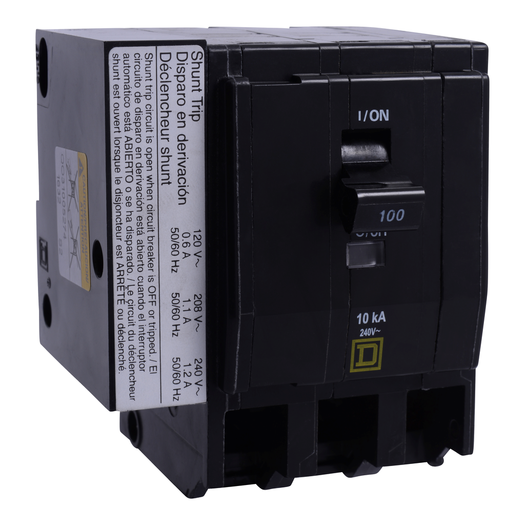 QO31005274 – Mini circuit breaker, QO, 100A, 3 pole, 120/240VAC, 10kA, plug in, AC shunt, ring