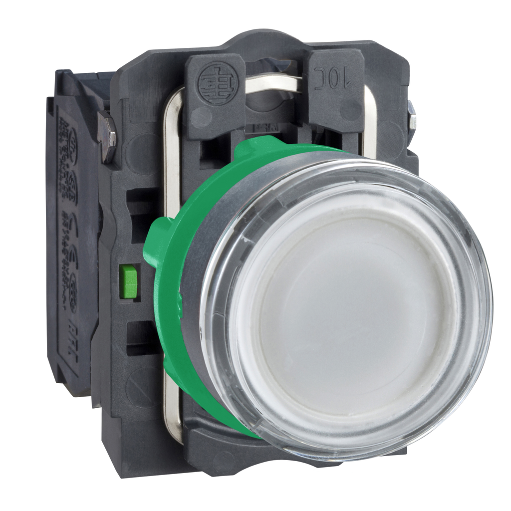 XB5AW3165 – Illuminated push button, Harmony XB5, white flush, plastic, 22mm, spring return, 1NO   1NC, 250V
