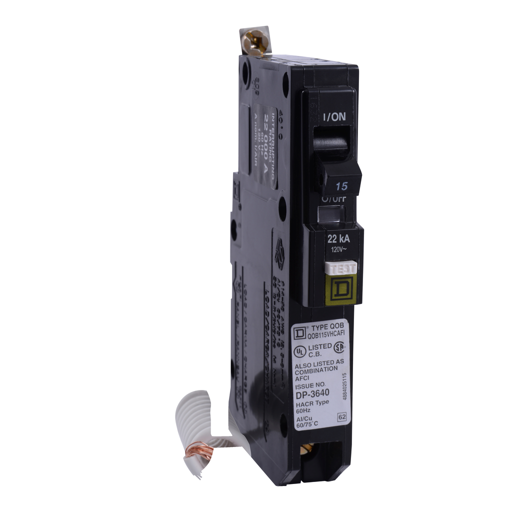 Mayer-DDS-Mini circuit breaker, QO, 15A, 1 pole, 120VAC, 22kA, bolt on, ARC fault, pigtail-1