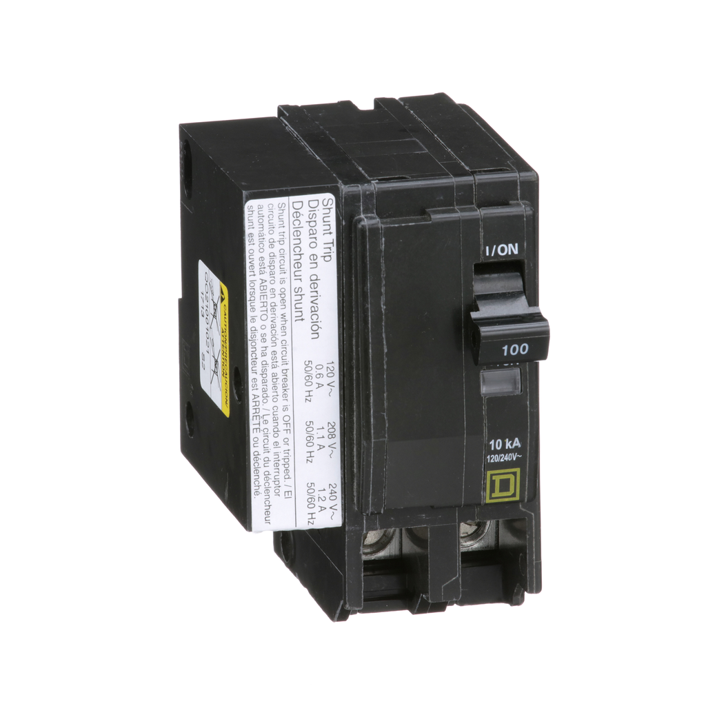 QO21001021 – Mini circuit breaker, QO, 100A, 2 pole, 120/240VAC, 10kA, plug in, AC shunt