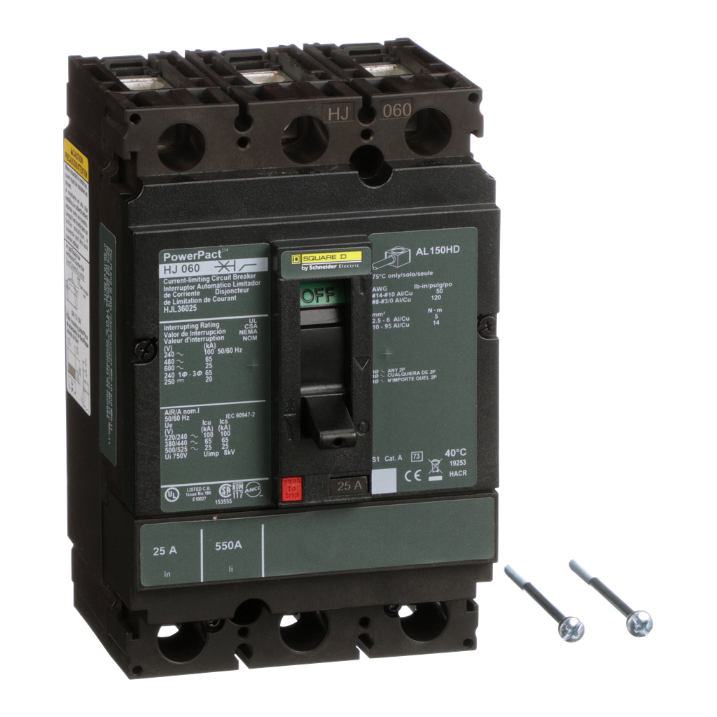 HJL36025 – Circuit breaker, PowerPacT H, 25A, 3 pole, 600VAC, 25kA, lugs, thermal magnetic, 80%