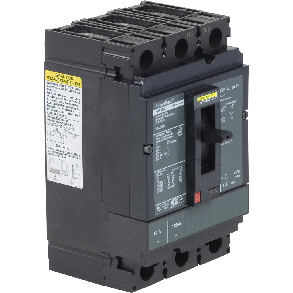 HGL36050C – Circuit breaker, PowerPacT H, 50A, 3 pole, 600VAC, 18kA, lugs, thermal magnetic, 100%