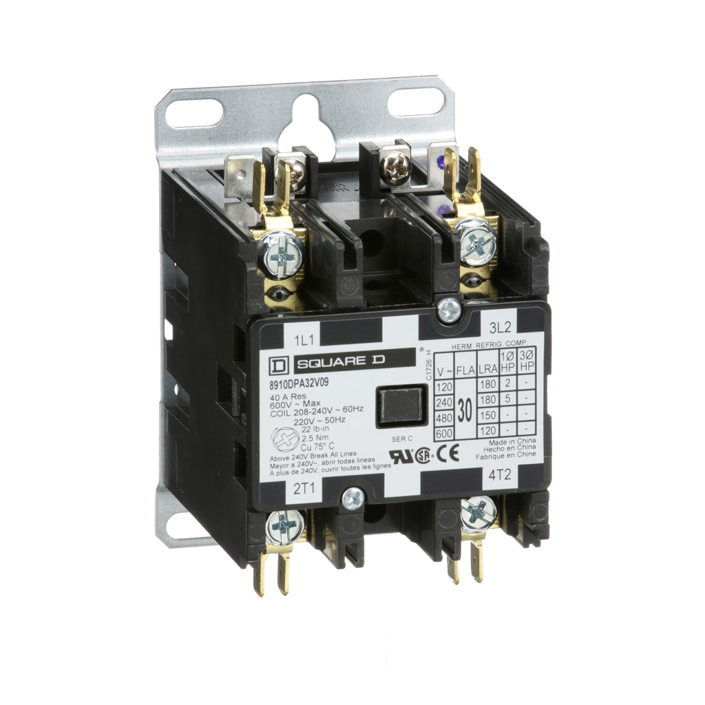 8910DPA32V09 – Contactor, Definite Purpose, 30A, 2 pole, 5HP at 230VAC, 1 phase, 208/240VAC 60Hz 220VAC 50Hz coil, open