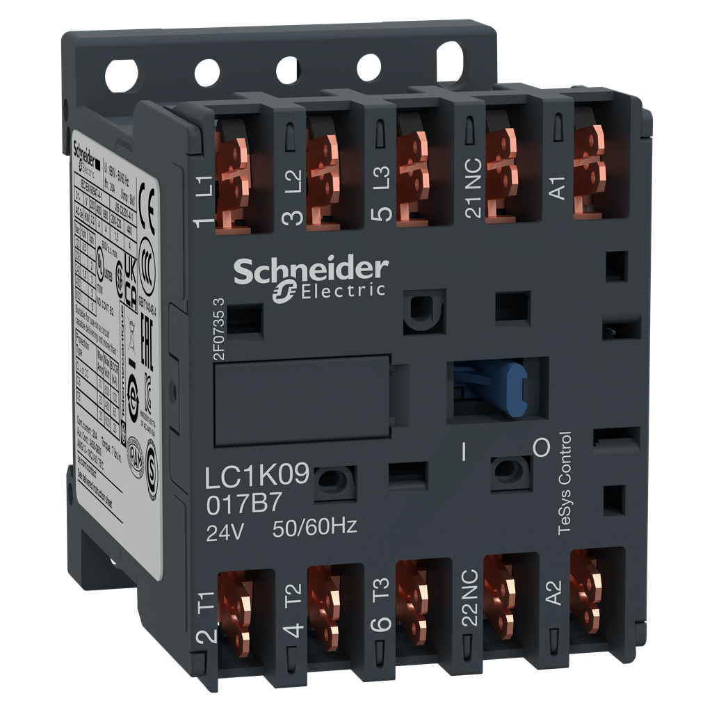LC1K09017B7 – Contactor, TeSys K, 3P, AC-3, lt or eq to 440V 9A, 1 NC aux., 24VAC coil