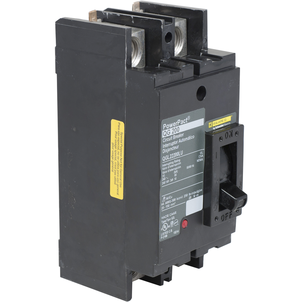 QGL22200LU – Circuit breaker, PowerPacT Q, 200A, 2 pole, 240VAC, 65kA, lugs, thermal magnetic, 80%, control wire ON end
