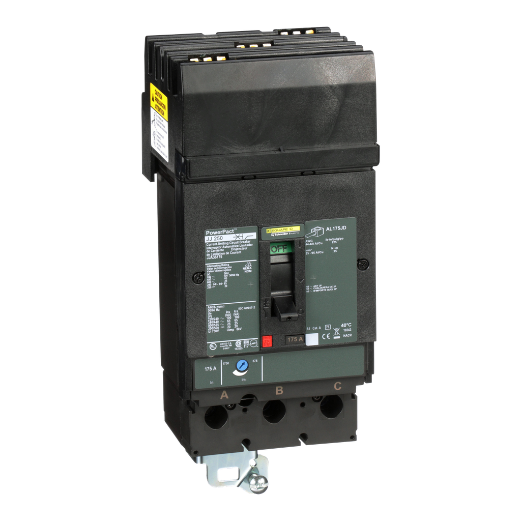 JJA36175 – Circuit breaker, PowerPacT J, 175A, 3 pole, 600VAC, 25kA, I-Line, thermal magnetic, 80%, ABC