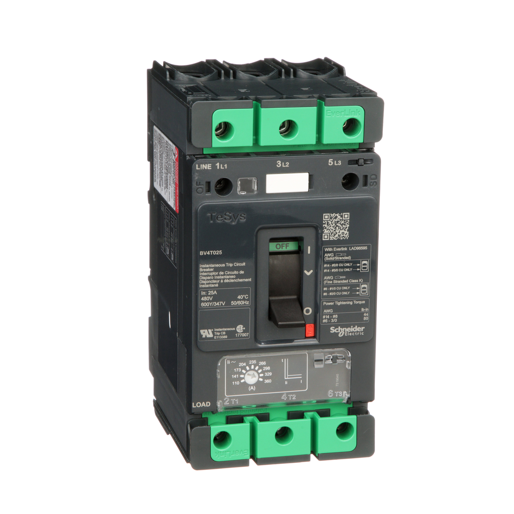 BV4T025D – Motor Circuit Protector, TeSys BV4, standard fault, 25A, 600Y/347 VAC, 110 to 360 instantaneous trip, up to 100kA SCCR