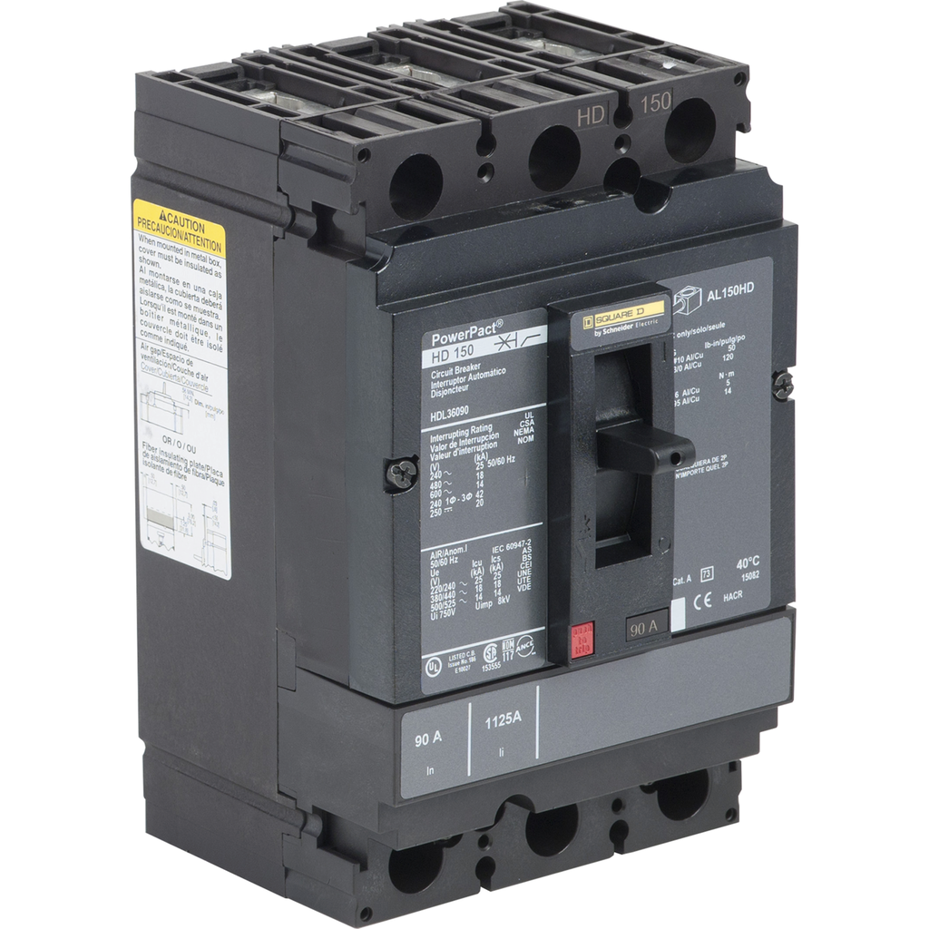 HDL36090C – Circuit breaker, PowerPacT H, 90A, 3 pole, 600VAC, 14kA, lugs, thermal magnetic, 100%