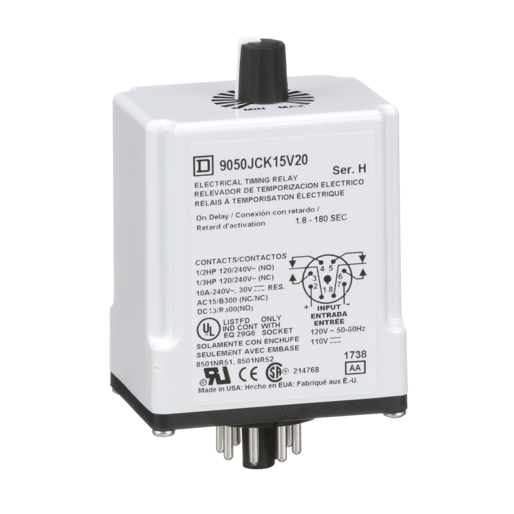 9050JCK15V20 – Timing Relay, Type JCK, plug In, on delay, adjustable time, 1.8 to 180 seconds, 10A, 240 VAC, 120 VAC/110 VDC