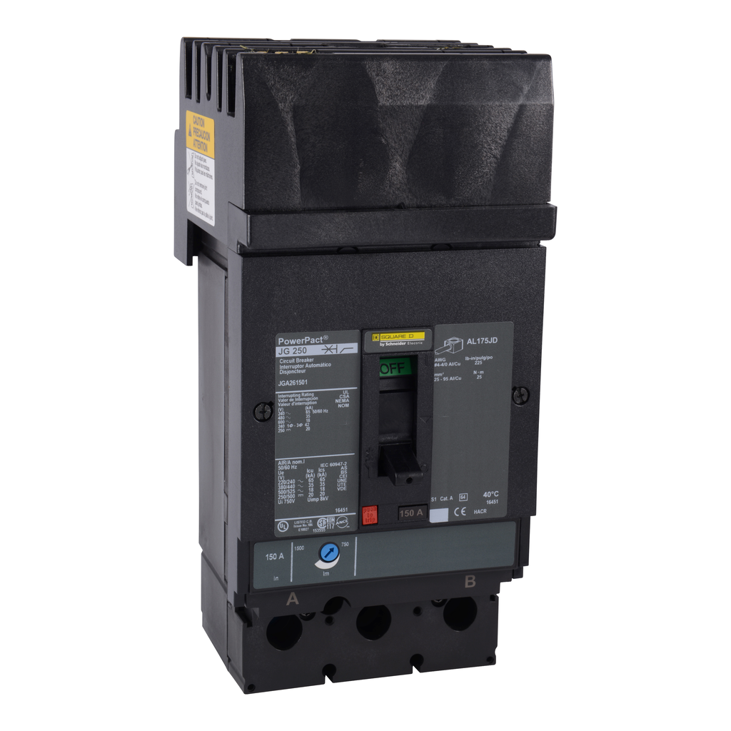 JGA262501 – Circuit breaker, PowerPacT J, 250A, 2 pole, 600VAC, 18kA, I-Line, thermal magnetic, 80%, AB