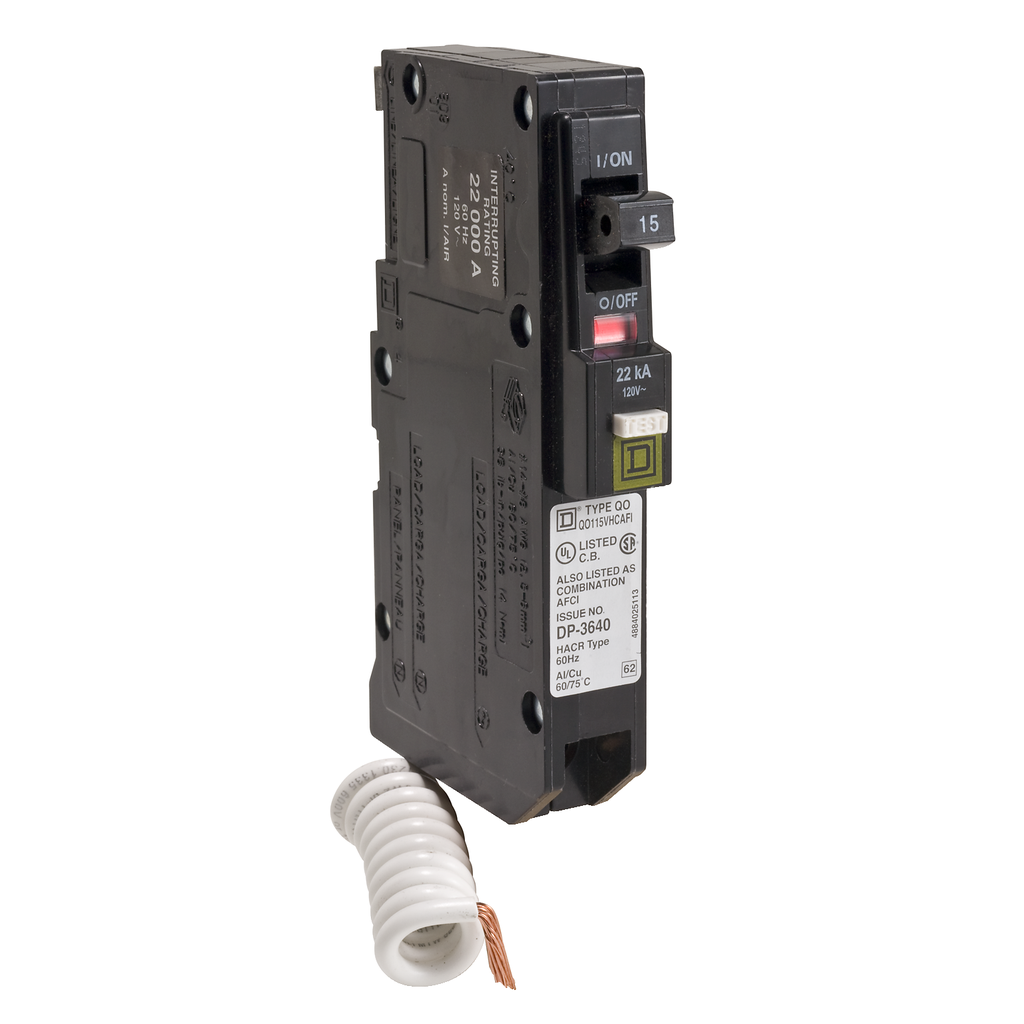 QO115VHCAFI – Mini circuit breaker, QO, 15A, 1 pole, 120VAC, 22kA, plug in, combo ARC fault, pigtail