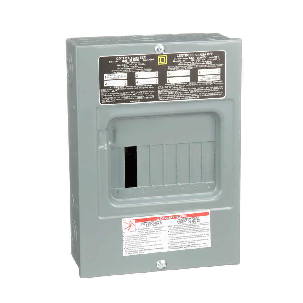 QO612L100S – Load center, QO, 1 phase, 6 spaces, 12 circuits, 100A fixed main lugs, NEMA1, surface cover