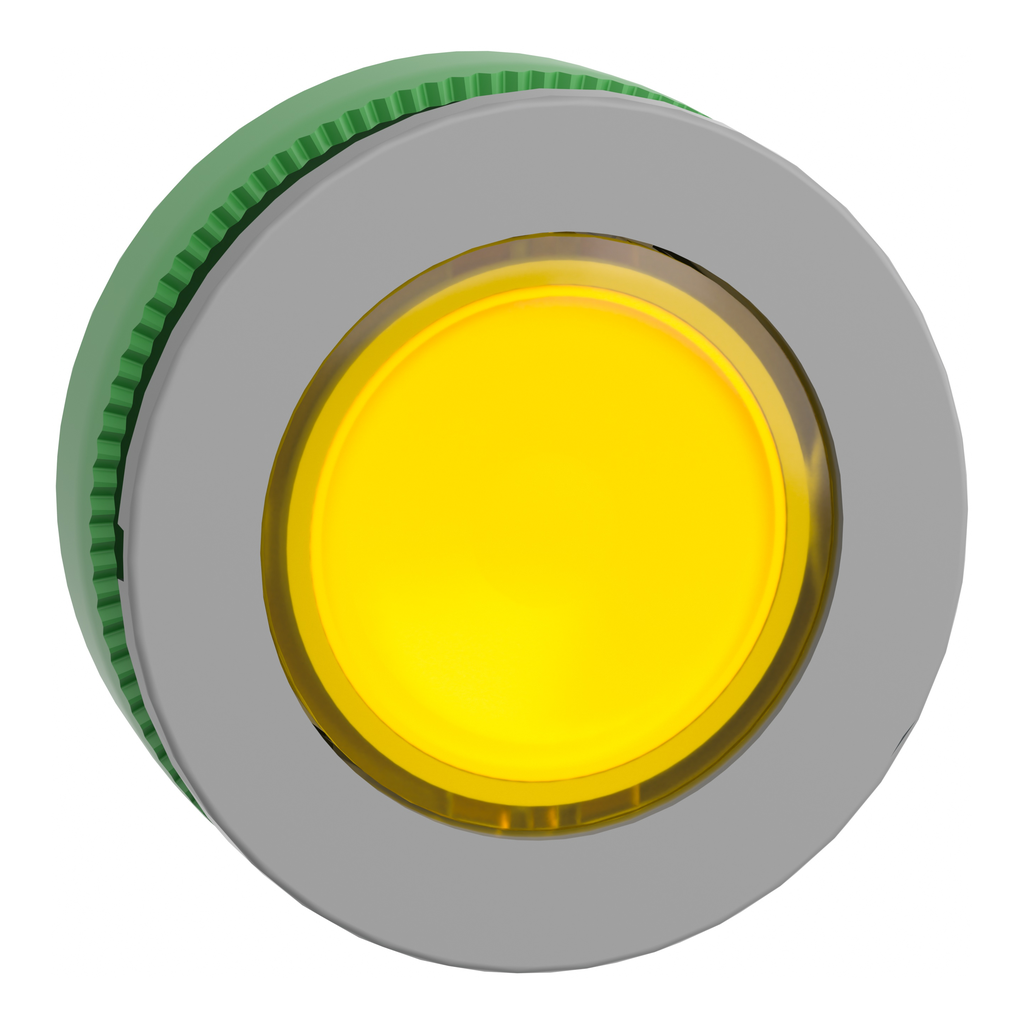 ZB5FW383C0 – Head for illuminated push button, Harmony XB5, grey bezel, yellow, 30mm, universal LED, spring return, plain lens