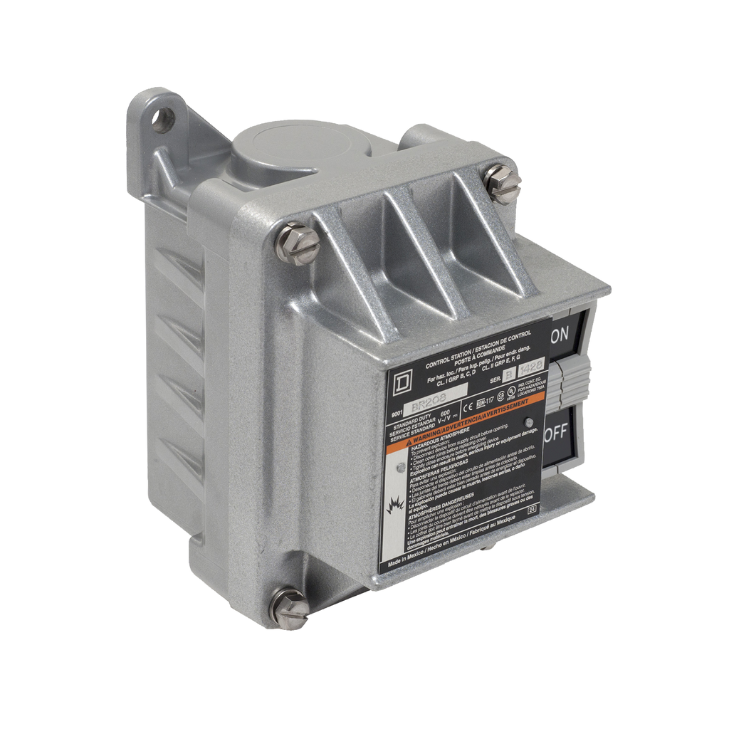 9001BR216 – Complete control station, Harmony 9001B, 2 push buttons ON/OFF, Maintained Contact, 5A, 600V AC, 2NO, NEMA 7/9