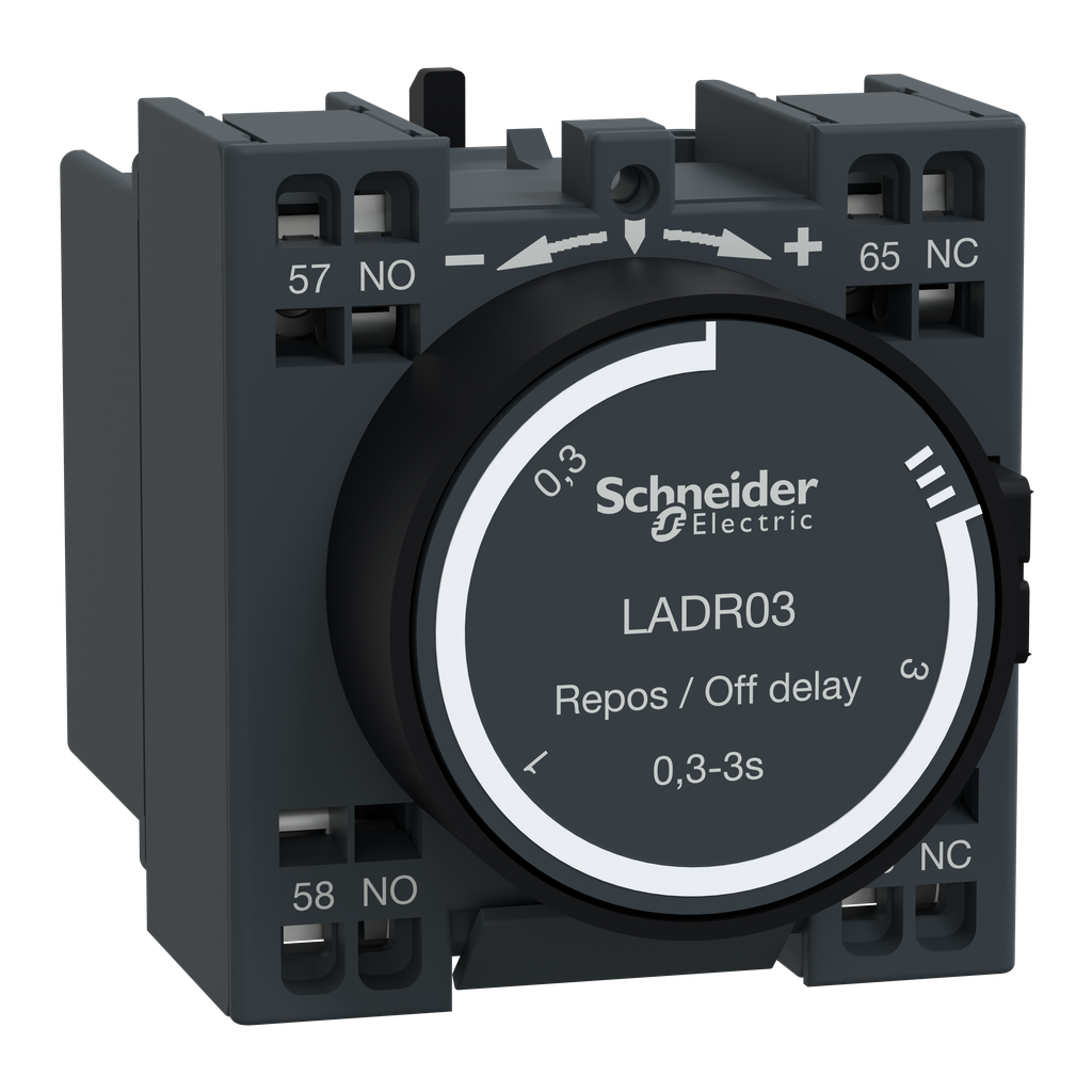 LADR03 – Time delay auxiliary contact block, TeSys Deca, 1NO   1NC, off delay 0.3-3s, front, spring terminals