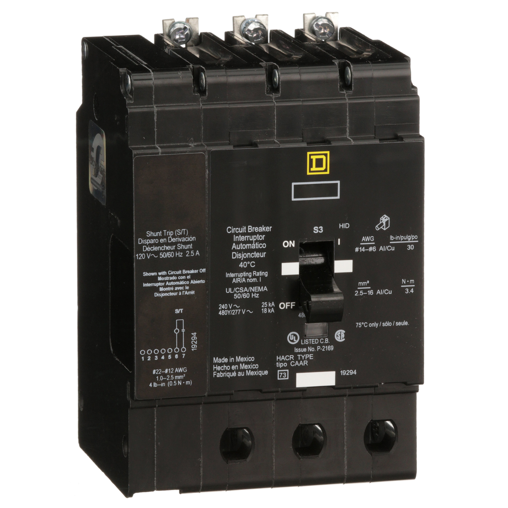 EDB34060SA – Mini circuit breaker, E-Frame, 60A, 3 pole, 480Y/277VAC, 25kA max, bolt on, shunt trip