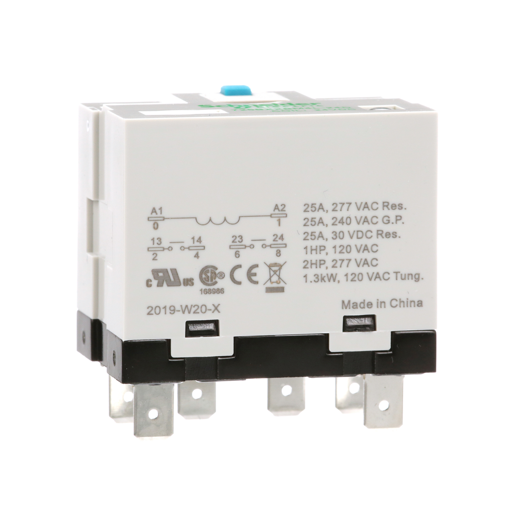 725BXXBM4L-24D – Power relay, SE Relays, 25A, 2NO, 24VDC, LED, flag indicator, locking push button, blade terminal, plug-in socket mount