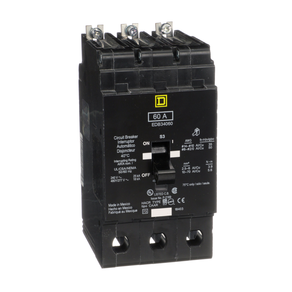 EDB34060 – Mini circuit breaker, E-Frame, 60A, 3 pole, 480Y/277VAC, 25kA max, bolt on