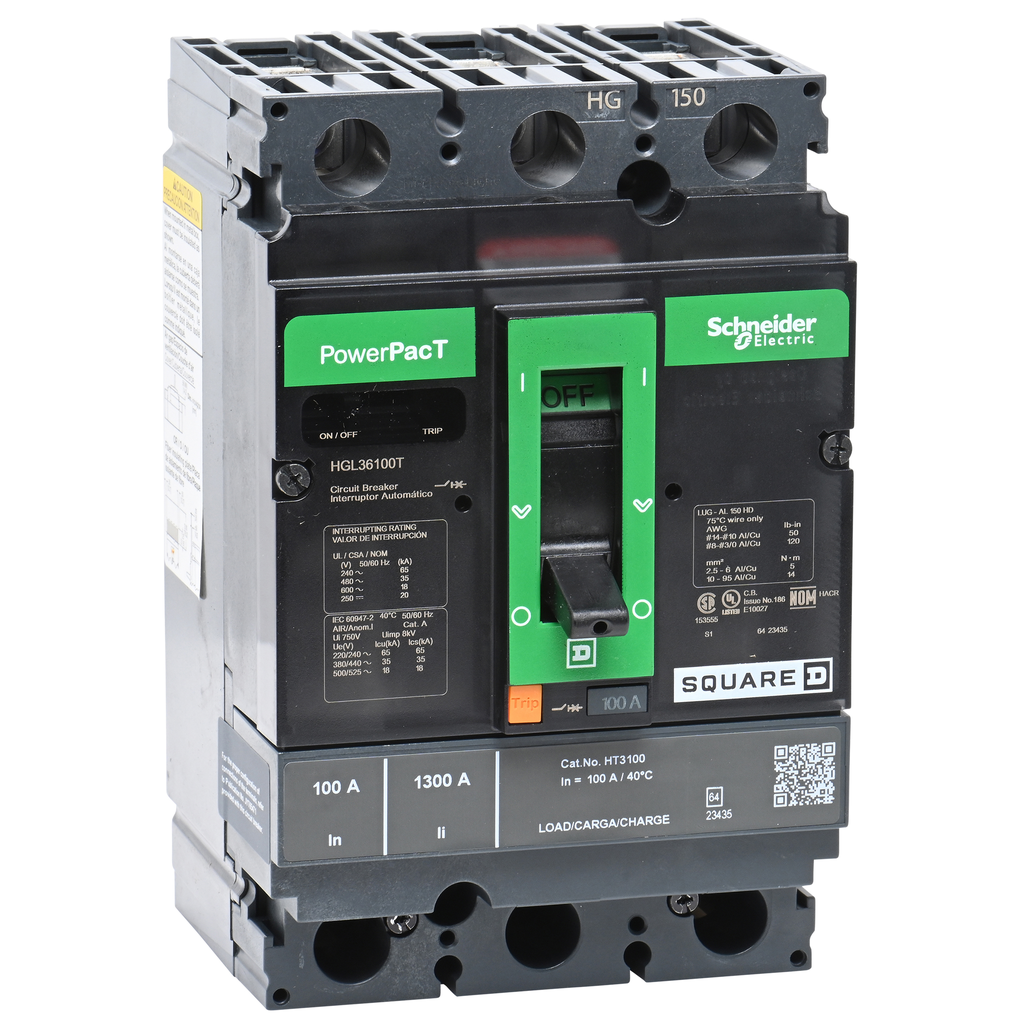 HGL36100T – Circuit breaker, PowerPacT H, 100A, 3 pole, 600VAC, 18kA, lugs, thermal magnetic, 80%, interchangeable trip unit