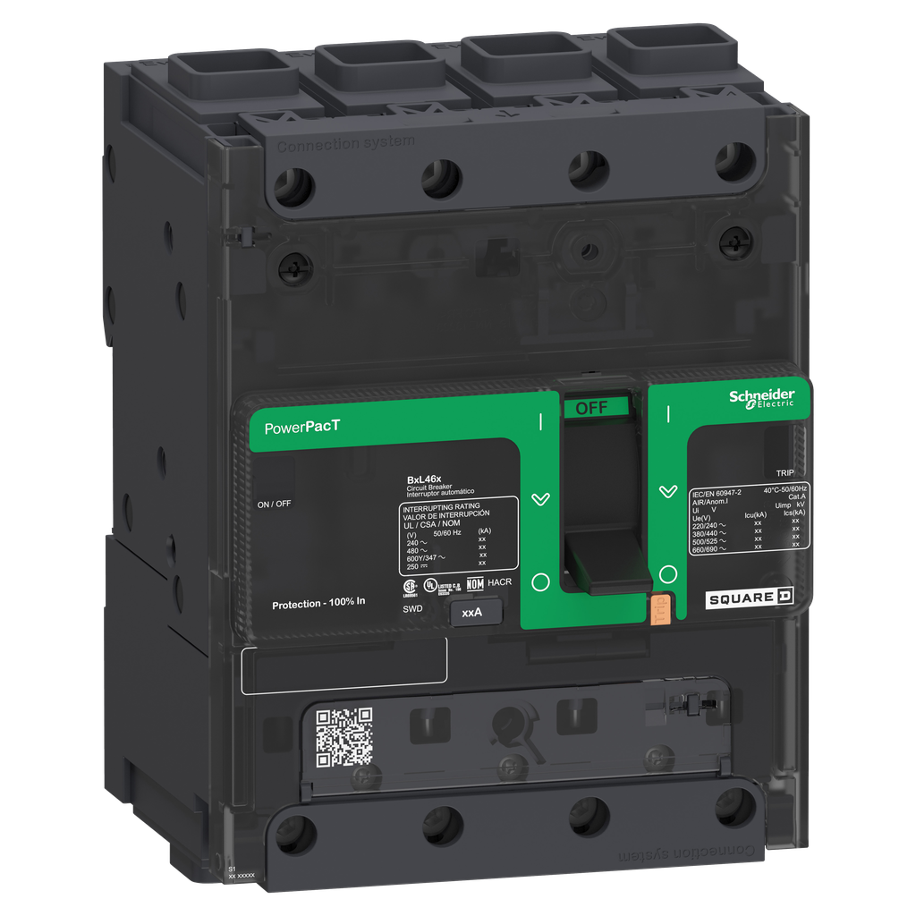 BDF46080 – Circuit breaker, PowerPacT B, 80A, 4 pole, 600Y/347VAC, 14kA, terminal nut, thermal magnetic, 80%